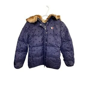 Tommy Hilfiger Girls Puffer Jacket Navy Blue Star Print Faux Fur Hood Size 12-14